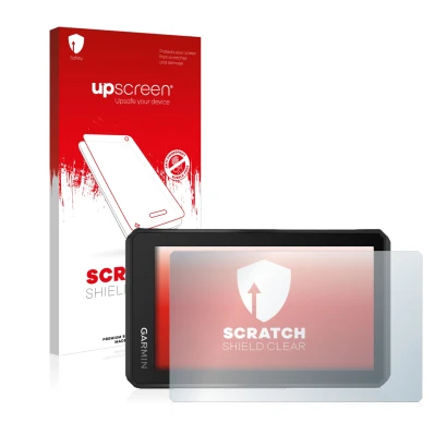 Face avant d’un emballage produit avec le logo de la marque upscreen. À côté, l’appareil Garmin Tread 5.5" est représenté avec