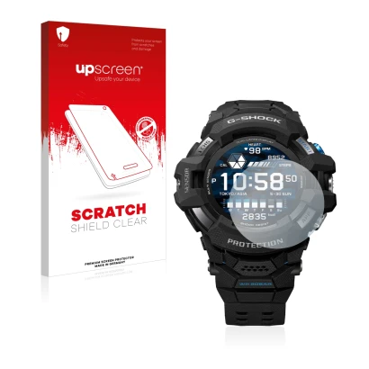 Face avant d’un emballage produit avec le logo de la marque upscreen. À côté, l’appareil Casio G-Shock GSW-H1000 est représent