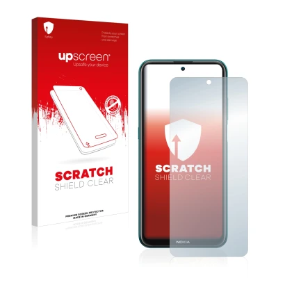 Face avant d’un emballage produit avec le logo de la marque upscreen. À côté, l’appareil Nokia X10 est représenté avec la prot