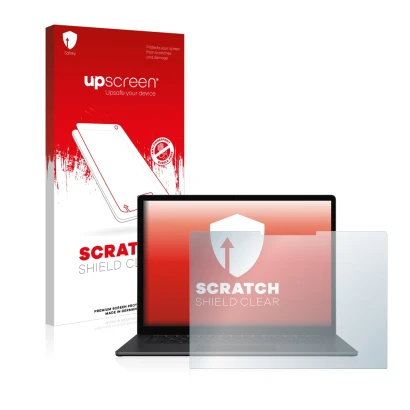 Face avant d’un emballage produit avec le logo de la marque upscreen. À côté, l’appareil Microsoft Surface Laptop 4 15" est re