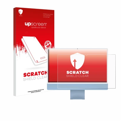 Face avant d’un emballage produit avec le logo de la marque upscreen. À côté, l’appareil Apple iMac 24" M1 2021 est représenté