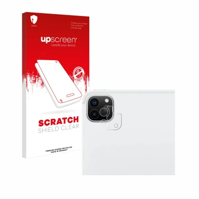 Face avant d’un emballage produit avec le logo de la marque upscreen. À côté, l’appareil Apple iPad Pro 12.9" WiFi 2021 (Camér