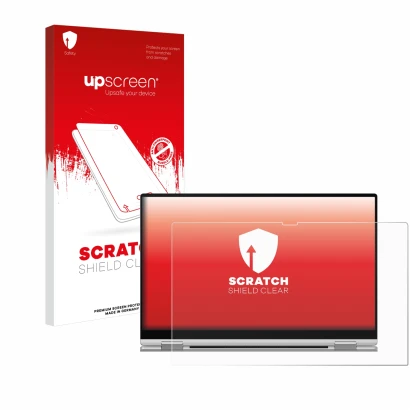Face avant d’un emballage produit avec le logo de la marque upscreen. À côté, l’appareil Samsung Galaxy Book Pro 360 13" est r
