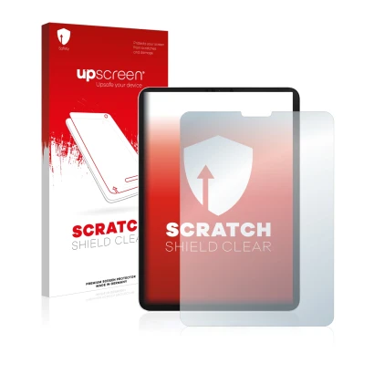 Face avant d’un emballage produit avec le logo de la marque upscreen. À côté, l’appareil Apple iPad Pro 11