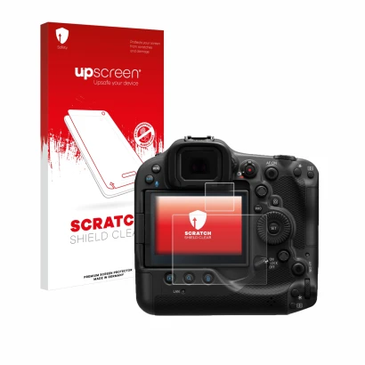 Face avant d’un emballage produit avec le logo de la marque upscreen. À côté, l’appareil Canon EOS R3 est représenté avec la p