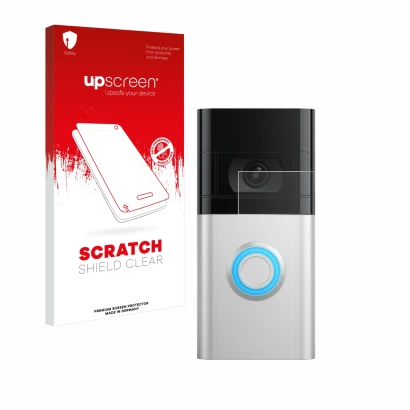 Face avant d’un emballage produit avec le logo de la marque upscreen. À côté, l’appareil Ring Video Doorbell 4 est représenté 