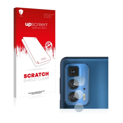 Face avant d’un emballage produit avec le logo de la marque upscreen. À côté, l’appareil Motorola Edge 20 Pro (Caméra UNIQUEME