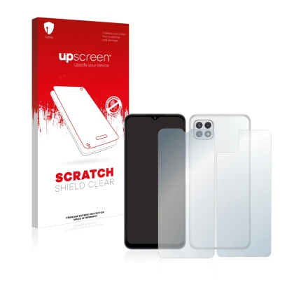 Face avant d’un emballage produit avec le logo de la marque upscreen. À côté, l’appareil Samsung Galaxy A22 5G (Avant+Arrière)