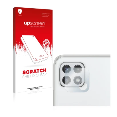 Face avant d’un emballage produit avec le logo de la marque upscreen. À côté, l’appareil Samsung Galaxy A22 5G (Caméra UNIQUEM