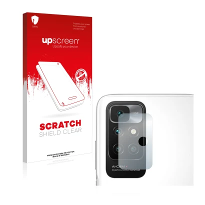 Face avant d’un emballage produit avec le logo de la marque upscreen. À côté, l’appareil Xiaomi Redmi 10 (Caméra UNIQUEMENT) e