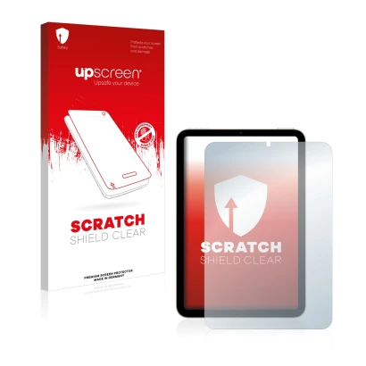 Face avant d’un emballage produit avec le logo de la marque upscreen. À côté, l’appareil Apple iPad Mini 6 2021 est représenté