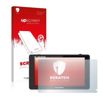 Face avant d’un emballage produit avec le logo de la marque upscreen. À côté, l’appareil Feelworld LUT6S 6" est représenté ave