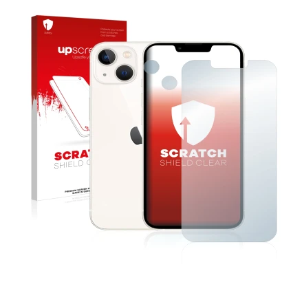 Face avant d’un emballage produit avec le logo de la marque upscreen. À côté, l’appareil Apple iPhone 13 (Avant+Caméra) est re