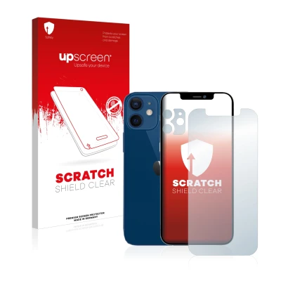 Face avant d’un emballage produit avec le logo de la marque upscreen. À côté, l’appareil Apple iPhone 12 (Avant+Caméra) est re