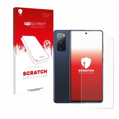 Face avant d’un emballage produit avec le logo de la marque upscreen. À côté, l’appareil Samsung Galaxy S20 FE 5G (Avant+Camér