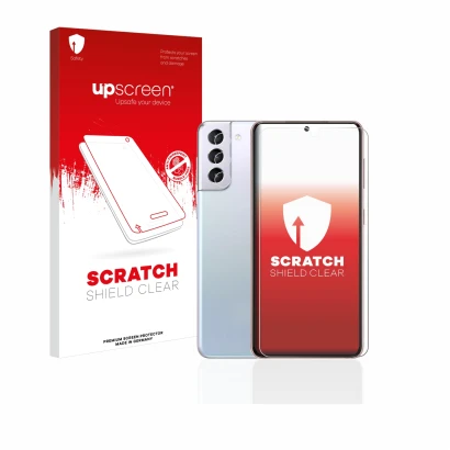 Face avant d’un emballage produit avec le logo de la marque upscreen. À côté, l’appareil Samsung Galaxy S21 5G (Avant+Caméra)