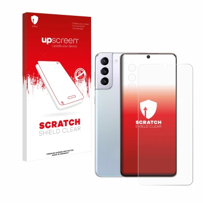 Face avant d’un emballage produit avec le logo de la marque upscreen. À côté, l’appareil Samsung Galaxy S21 Plus 5G (Avant+Cam