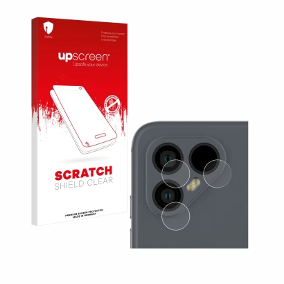 Face avant d’un emballage produit avec le logo de la marque upscreen. À côté, l’appareil Fairphone 4 (Caméra UNIQUEMENT) est r