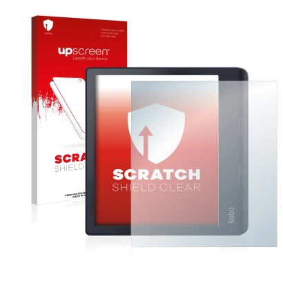 Face avant d’un emballage produit avec le logo de la marque upscreen. À côté, l’appareil Kobo Sage est représenté avec la prot