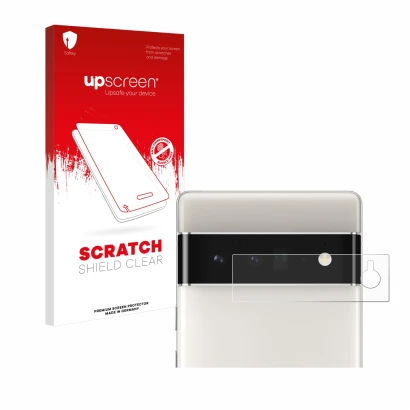 Face avant d’un emballage produit avec le logo de la marque upscreen. À côté, l’appareil Google Pixel 6 Pro (Caméra UNIQUEMENT