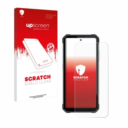 Face avant d’un emballage produit avec le logo de la marque upscreen. À côté, l’appareil Oukitel WP17 est représenté avec la p