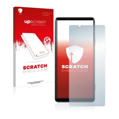 Face avant d’un emballage produit avec le logo de la marque upscreen. À côté, l’appareil Sony Xperia Pro-I est représenté avec