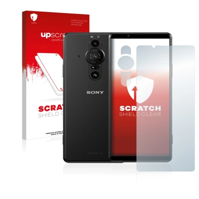 Face avant d’un emballage produit avec le logo de la marque upscreen. À côté, l’appareil Sony Xperia Pro-I (Avant+Caméra) est 