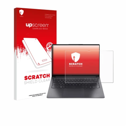 Face avant d’un emballage produit avec le logo de la marque upscreen. À côté, l’appareil Lenovo Yoga Slim 7 Pro 14" est représ