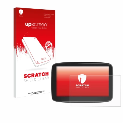 Face avant d’un emballage produit avec le logo de la marque upscreen. À côté, l’appareil TomTom GO Classic 6" est représenté a