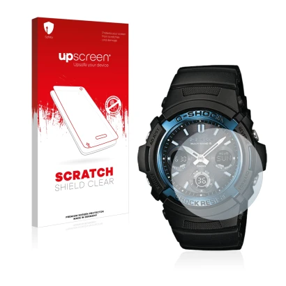 Face avant d’un emballage produit avec le logo de la marque upscreen. À côté, l’appareil Casio AWG M100 est représenté avec la