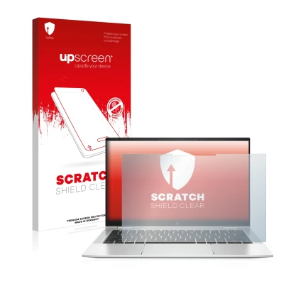 Face avant d’un emballage produit avec le logo de la marque upscreen. À côté, l’appareil HP EliteBook x360 1030 G8 est représe
