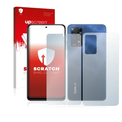 Face avant d’un emballage produit avec le logo de la marque upscreen. À côté, l’appareil Xiaomi Redmi Note 11 Pro 5G (Avant+Ar