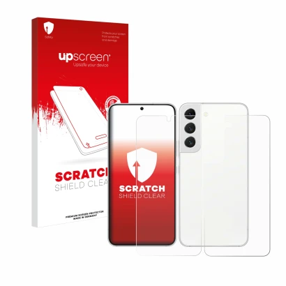 Face avant d’un emballage produit avec le logo de la marque upscreen. À côté, l’appareil Samsung Galaxy S22 5G (Avant+Arrière)