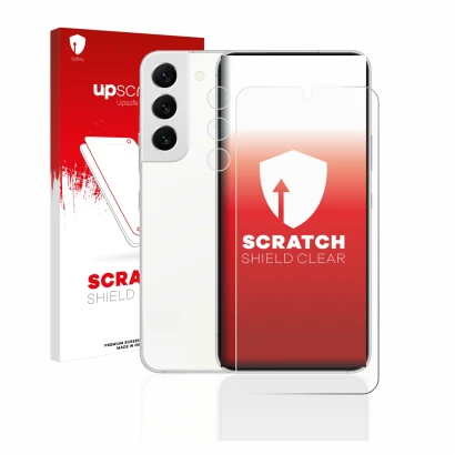 Face avant d’un emballage produit avec le logo de la marque upscreen. À côté, l’appareil Samsung Galaxy S22 5G (Avant+Caméra) 