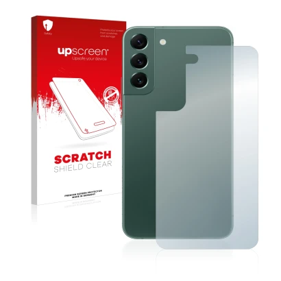 Face avant d’un emballage produit avec le logo de la marque upscreen. À côté, l’appareil Samsung Galaxy S22 Plus 5G (Arrière) 