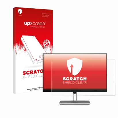 Face avant d’un emballage produit avec le logo de la marque upscreen. À côté, l’appareil HP E24 G4 est représenté avec la prot
