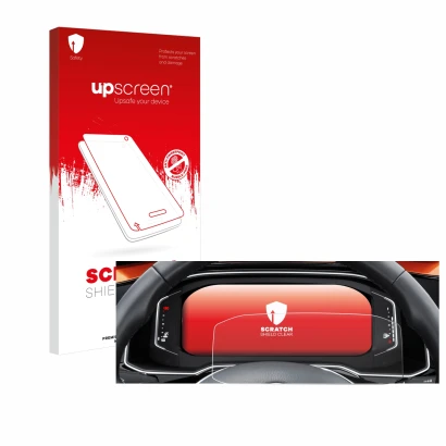 Face avant d’un emballage produit avec le logo de la marque upscreen. À côté, l’appareil Volkswagen Polo 6 Digital Cockpit Pro