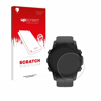 Face avant d’un emballage produit avec le logo de la marque upscreen. À côté, l’appareil Garmin Descent G1 est représenté avec