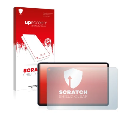 Face avant d’un emballage produit avec le logo de la marque upscreen. À côté, l’appareil Huawei MatePad Pro 10.8" (2021) est r