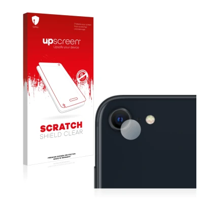 Face avant d’un emballage produit avec le logo de la marque upscreen. À côté, l’appareil Apple iPhone SE 3 2022 (Caméra UNIQUE