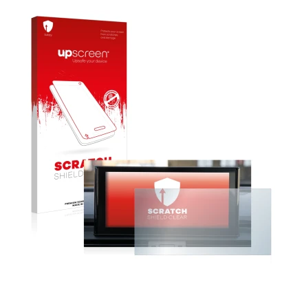 Face avant d’un emballage produit avec le logo de la marque upscreen. À côté, l’appareil Audi Q5 2021 MMI Navigation Plus 10.1