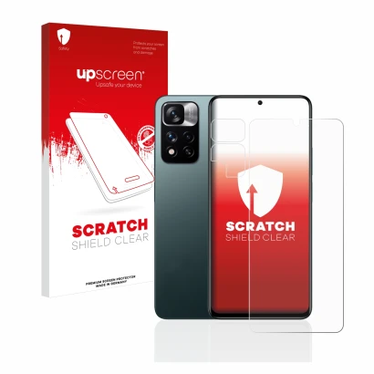 Face avant d’un emballage produit avec le logo de la marque upscreen. À côté, l’appareil Xiaomi Redmi Note 11 Pro+ 5G (Avant+C