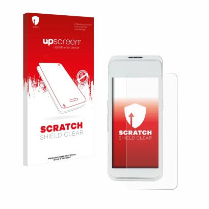 Face avant d’un emballage produit avec le logo de la marque upscreen. À côté, l’appareil Pax A920 Pro est représenté avec la p