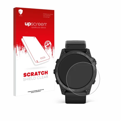 Face avant d’un emballage produit avec le logo de la marque upscreen. À côté, l’appareil Garmin Tactix 7 Pro est représenté av