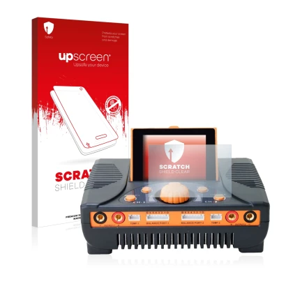Face avant d’un emballage produit avec le logo de la marque upscreen. À côté, l’appareil Junsi iCharger 406 Duo est représenté