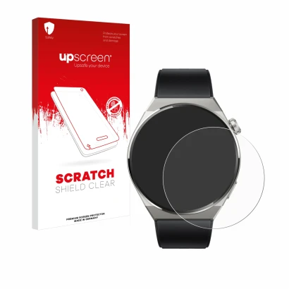 Face avant d’un emballage produit avec le logo de la marque upscreen. À côté, l’appareil Huawei Watch GT 3 Pro Titanium (46mm)