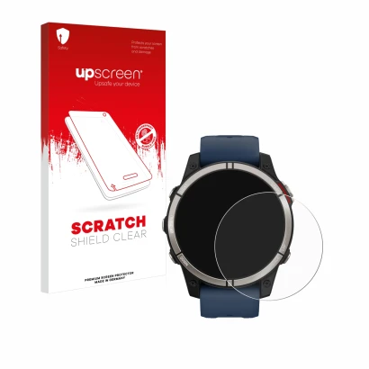 Face avant d’un emballage produit avec le logo de la marque upscreen. À côté, l’appareil Garmin quatix 7 est représenté avec l