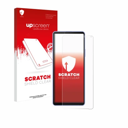 Face avant d’un emballage produit avec le logo de la marque upscreen. À côté, l’appareil Sony Xperia 10 IV est représenté avec