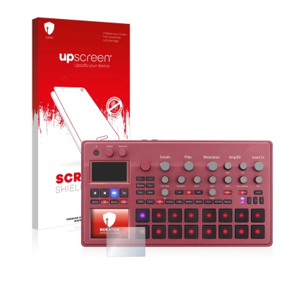 Face avant d’un emballage produit avec le logo de la marque upscreen. À côté, l’appareil KORG electribe Sampler est représenté