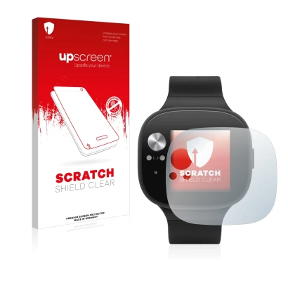 Face avant d’un emballage produit avec le logo de la marque upscreen. À côté, l’appareil ASUS Vivowatch BP est représenté avec